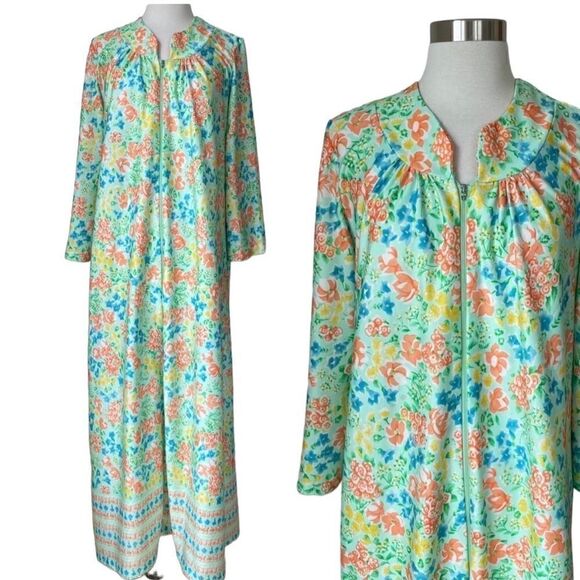 Vintage Dresses & Skirts - Vintage 70s 80s Nightgown House Dress Maxi Floral Hippie Woman Size Medium Green